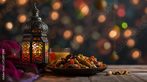 Ramadan Kareem concept photo dry fruits with lantern lamp, Eid Mubarak