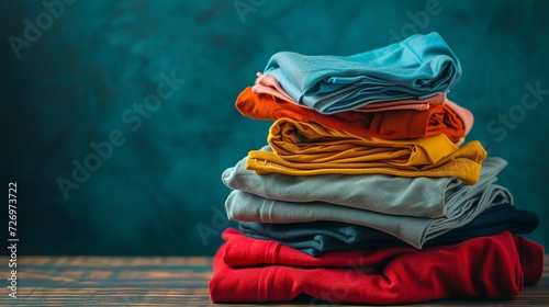 Stack of colorful clothes. Pile of clothing on table empty space background. Laundry and household photo