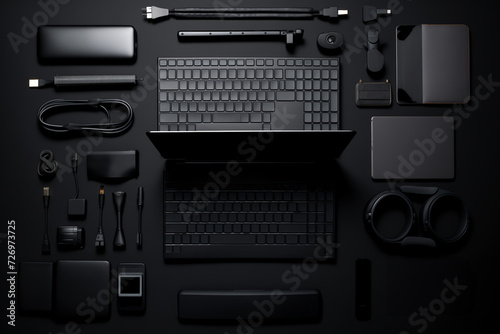 Top view, flat lay on woman's desk with mockup smartphone, computer and various gadgets, blank on black tabletop.