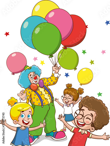 vector illustration of a Group of Kids Playing with a Clown and Balloons