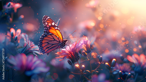 Mindfulness butterfly and flowers lifestyle concept art, spiritual awerness, mental soul health, self care, healthy habit, relief.  Generative ai © Saleem