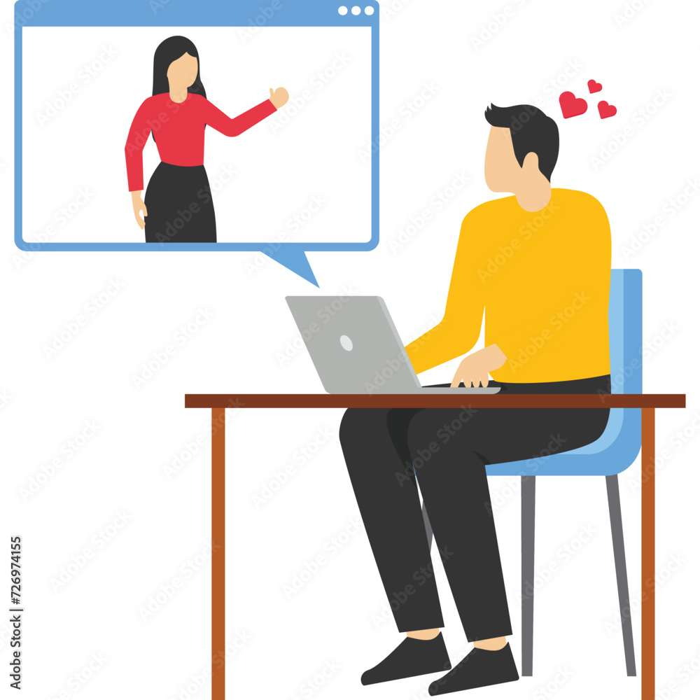 Woman make online conversation via laptop computer, Vector illustration in flat style

