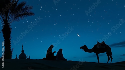 Silhouette of Arab family and camel walking  Islamic mosque at night with crescent moon