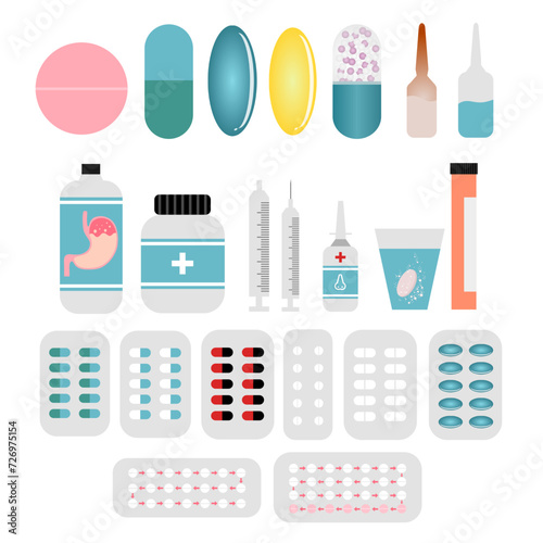 Collection of drug vector. Tablet, capsule, soft gel, pellet, ampule, vial, antacid, medicine bottle, syringe, nasal spray, effervescent, blister, antibiotic, contraceptive pill. Pharmacy icon.