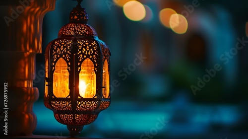 Traditional Arabic lantern lit up for celebrating Ramadan, the Holy Month for whole Muslim world. High quality photo.