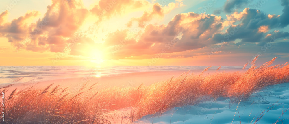 Golden sunrise over a peaceful beach with waving grass.
