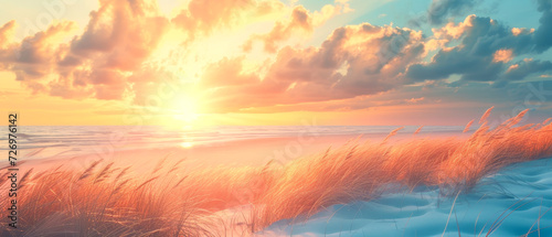 Golden sunrise over a peaceful beach with waving grass. 