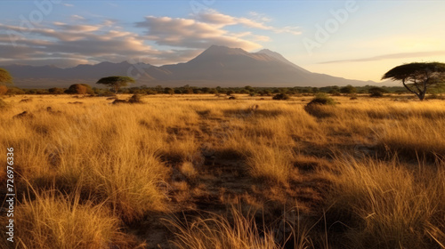 Dry African savanna in the afternoon on Mount Kilimanjaro