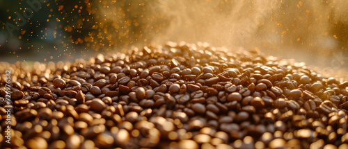 coffee beans with steam in morning light. 