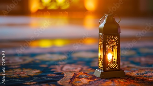 Traditional Lantern lamp on a prayer mat, Ramadan Kareem background
