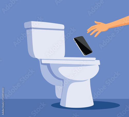 Person Dropping her Phone in the Toilet Bowl Vector Cartoon Illustration. Unlucky mobile user taking out his device from toilet water 
