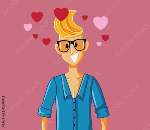 Funny Cartoon guy in love Vector Character Celebrating Love. Cheerful young man feeling affection and romantic emotions 
