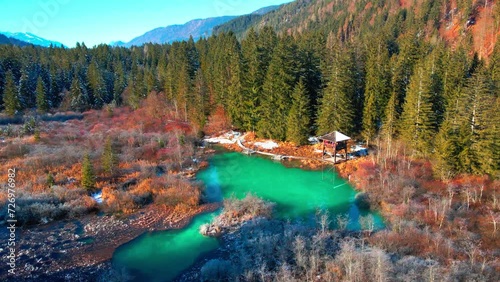 Aerial 4K drone footage of Zelenci Springs. It is a nature reserve near the town of Kranjska Gora, in the far northwestern corner of Slovenia. photo