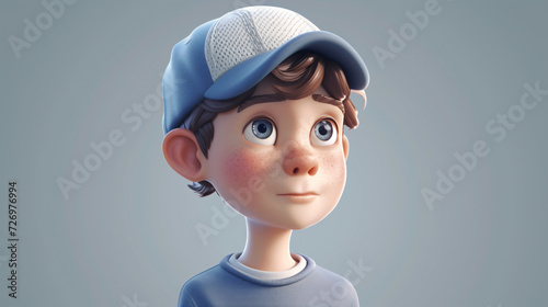 Cheerful cartoon boy in a cool baseball cap and stylish periwinkle pullover, captured in a lively 3D headshot illustration. Perfect for adding a touch of playfulness to any design project.
