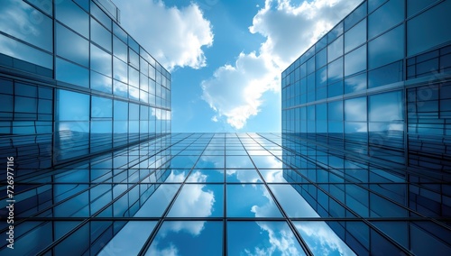 Modern blue glass building under cloudy sky