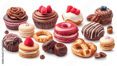 Various of sweets and desserts set on a white background