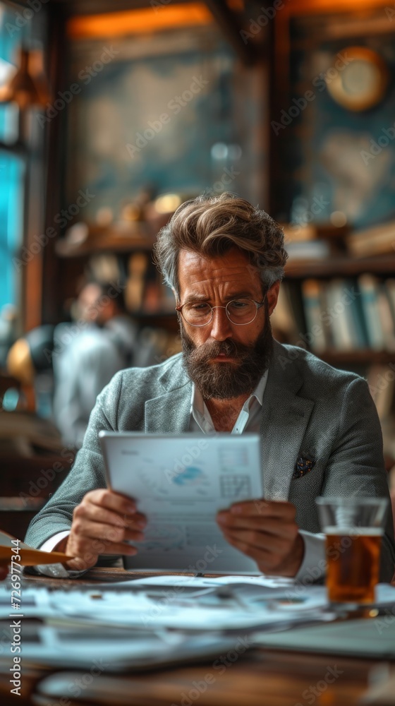 A bearded man in glasses is intently reading documents at a bar with a drink nearby., generative ai