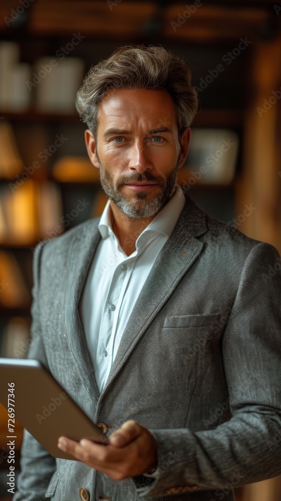 A confident man holding a tablet, sporting a stylish beard, stands in a well-lit room., generative ai