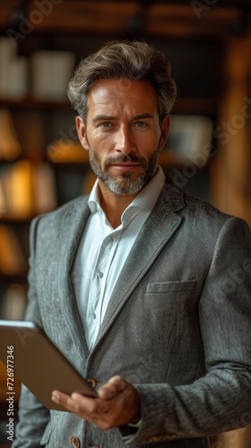 A confident man holding a tablet, sporting a stylish beard, stands in a well-lit room., generative ai