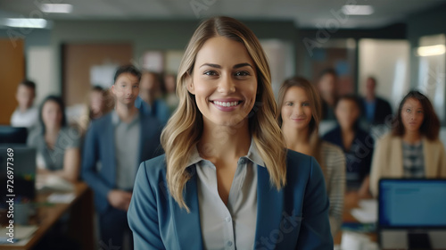 Attractive and confident smiling professional woman posing in her business office with her colleagues