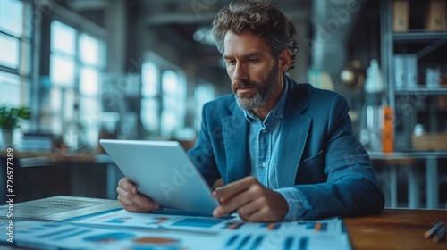 A focused man with grey hair reviews charts on paper while holding a tablet in an office., generative ai