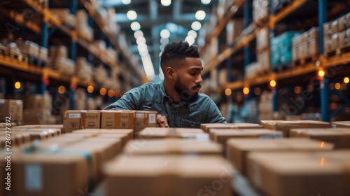 A focused worker inspects inventory in a well-organized warehouse filled with numerous cardboard boxes on shelves., generative ai
