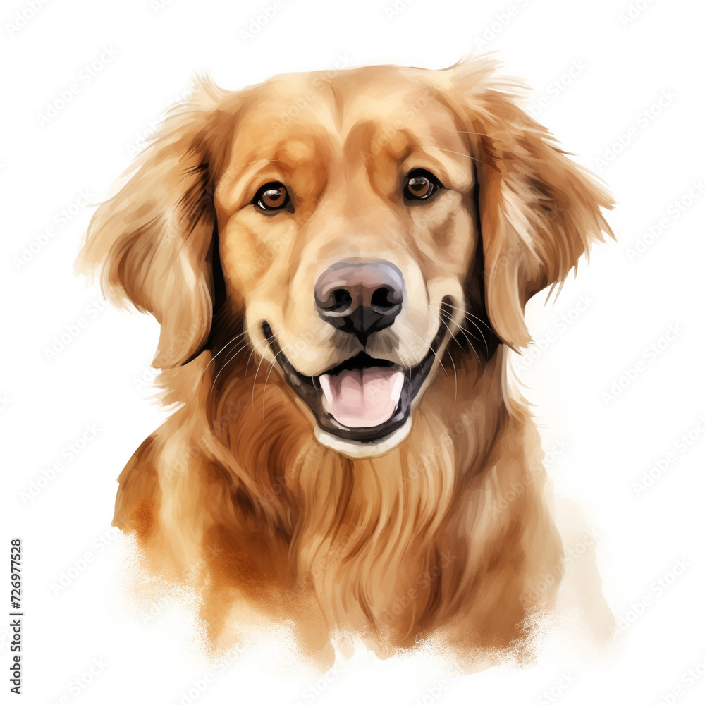 Dog Golden Retriever watercolor painting. Adorable puppy animal isolated on white background. Realistic cute dog portrait