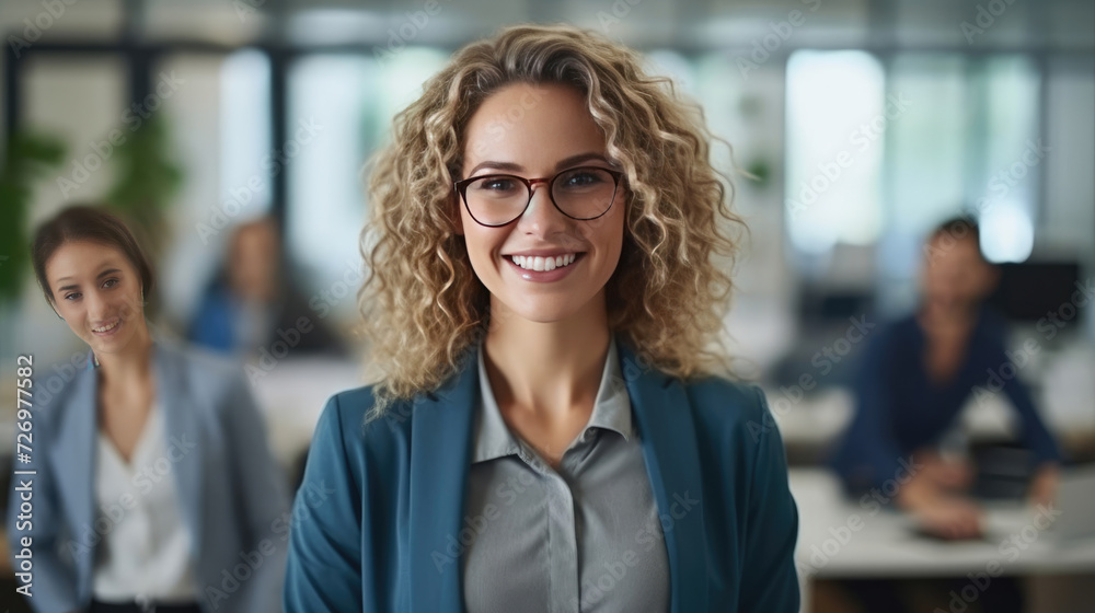 Attractive and confident smiling professional woman posing in her business office with her colleagues Attractive and confident smiling professional woman posing in her business office with her colleagues