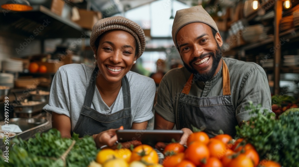 A man and woman in aprons smile behind a fresh produce stand, presenting vibrant fruits., generative ai A man and woman in aprons smile behind a fresh produce stand, presenting vibrant fruits., generative ai