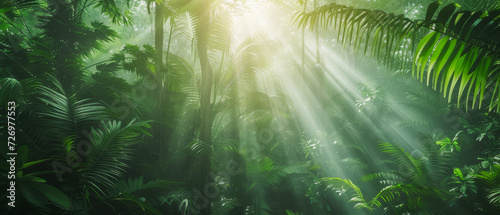 Sunbeams streaming through a dense tropical rainforest. 