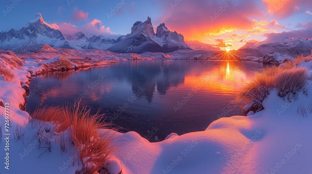 A serene snowy mountain landscape with a tranquil lake reflecting a vibrant sunset amid clouds., generative ai