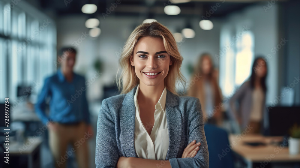 Attractive and confident smiling professional woman posing in her business office with her colleagues Attractive and confident smiling professional woman posing in her business office with her colleagues