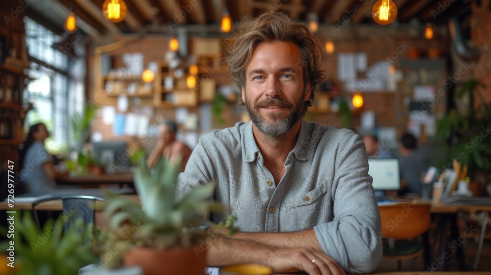 A smiling man sits at a table in a cozy café with warm lighting and plants., generative ai A smiling man sits at a table in a cozy café with warm lighting and plants., generative ai