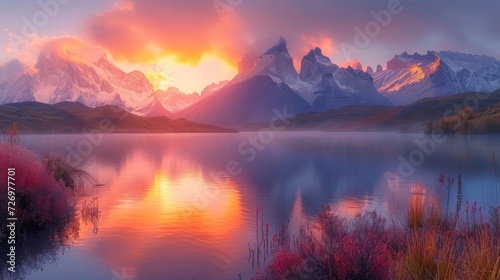 A serene lake reflects a fiery sunrise  with snow-capped peaks and colorful foliage enhancing the vista.  generative ai