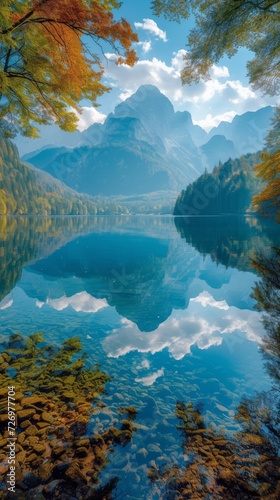 A serene lake reflects a mountain surrounded by autumn foliage under a clear, blue sky., generative ai
