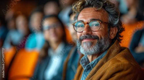 A smiling bearded man in glasses, wearing an orange jacket, sits among an audience indoors., generative ai © TheGoldTiger