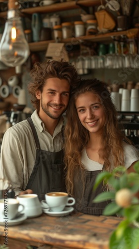 A smiling man and woman  wearing aprons  stand behind a cafe counter with coffee cups.  generative ai