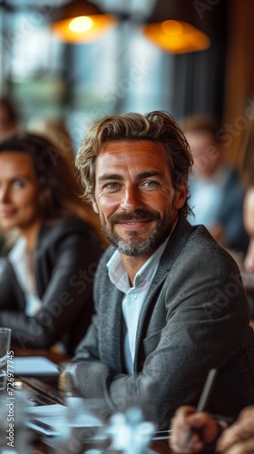 A smiling man in a suit sits at a table in a restaurant with ambient lighting., generative ai