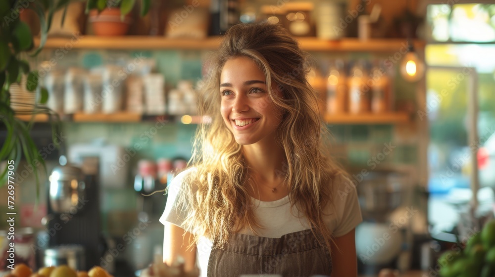 A smiling woman wearing an apron stands in a cozy, sunlit cafe filled with shelves and plants., generative ai