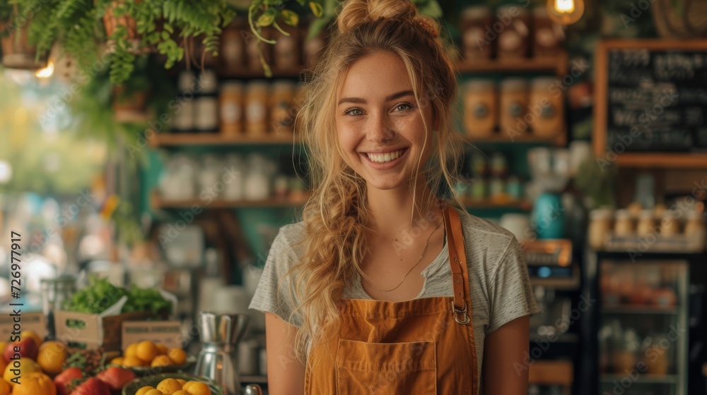 A smiling woman with an apron stands in a cozy shop filled with fresh produce and jars., generative ai A smiling woman with an apron stands in a cozy shop filled with fresh produce and jars., generative ai