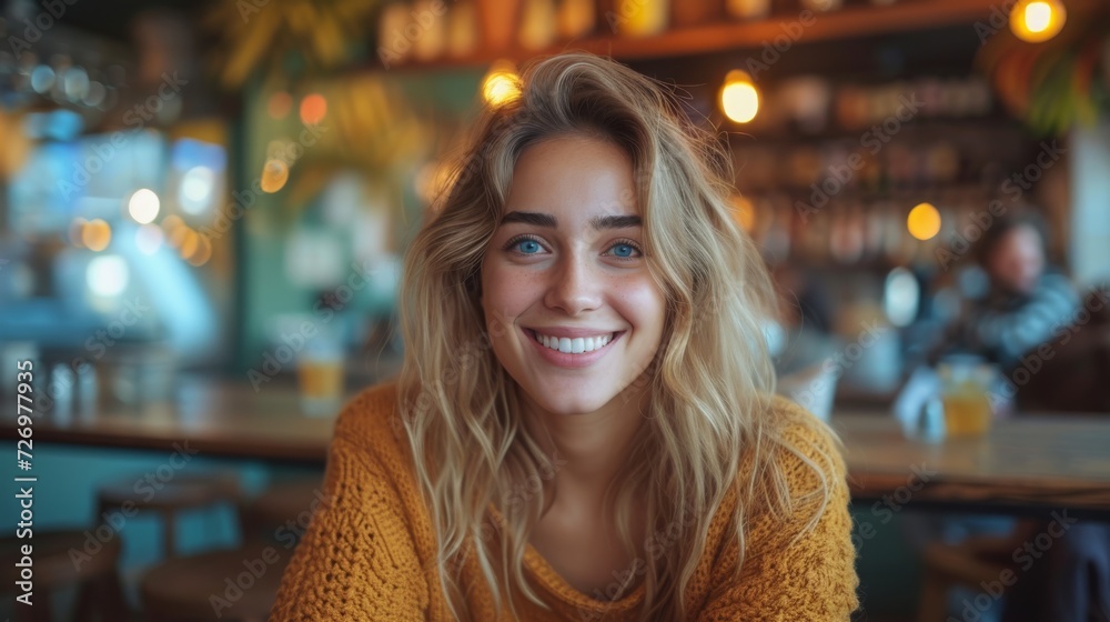 A smiling woman with blonde hair wearing a yellow sweater indoors, possibly a cafe, with blurred background., generative ai