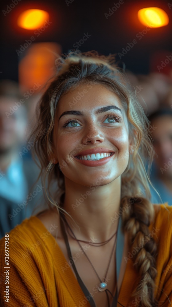 Obraz premium A smiling woman with braided hair, wearing a yellow top, is captured in a warmly lit space., generative ai