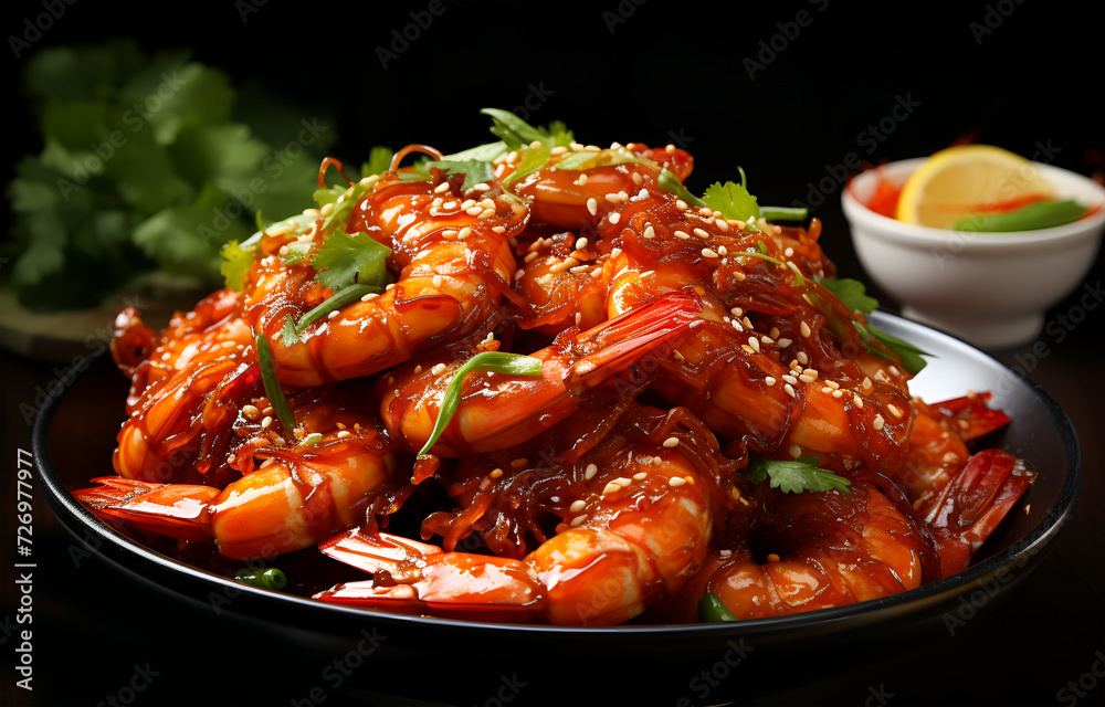Beautiful view of spicy delicious fried prawns on a plate