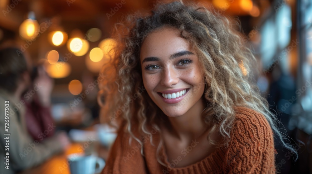 A smiling woman with curly hair, wearing an orange sweater, sits in a cozy cafe setting., generative ai