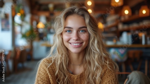 A smiling woman with blonde hair sits in a cozy café with warm lighting in the background., generative ai