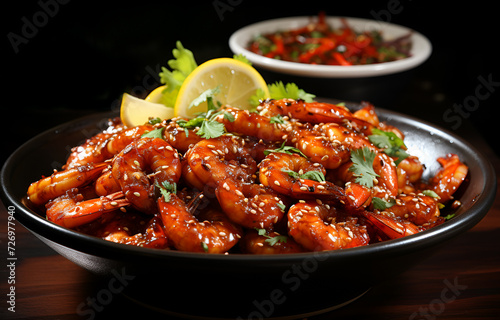 Beautiful view of spicy delicious fried prawns on a plate