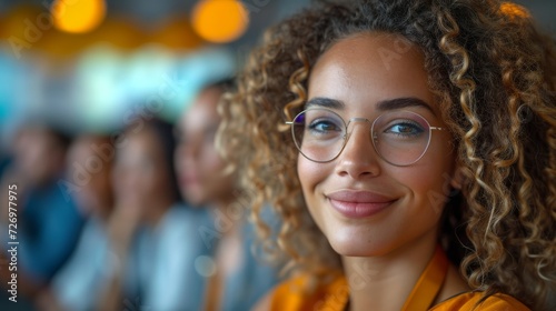 A smiling woman with curly hair and glasses, in focus, with blurred people in the background., generative ai