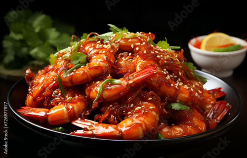 Beautiful view of spicy delicious fried prawns on a plate