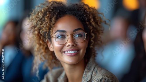 A smiling woman with curly hair and glasses, in a room with out-of-focus people behind., generative ai