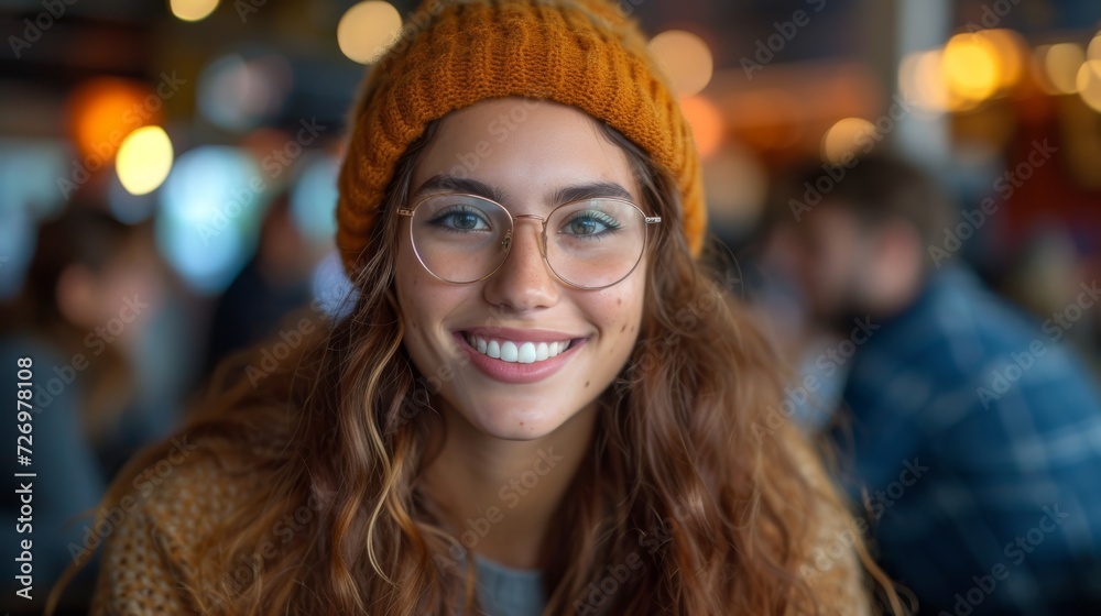A smiling woman with glasses and a yellow beanie is indoors, with blurred background of people., generative ai